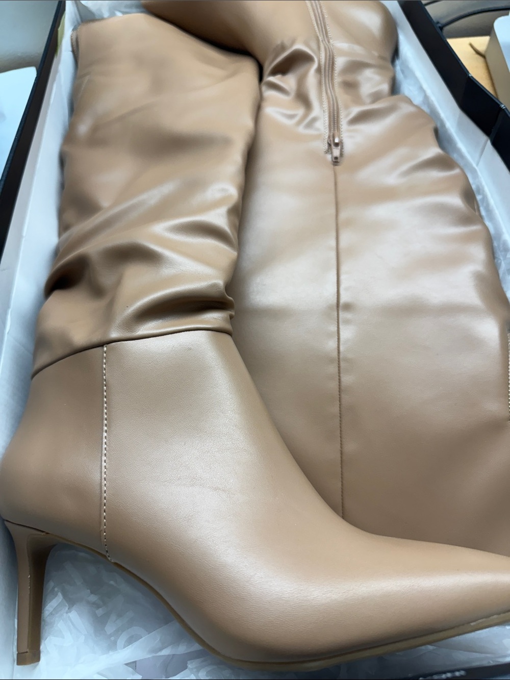 INC International Concepts DAMONIP NUDE Tan Knee-High Pointed-Toe Heeled Boots